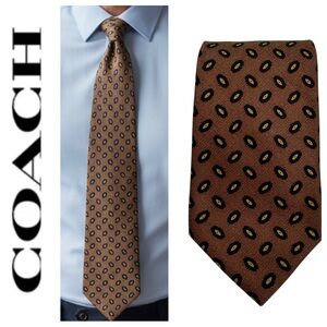 COACH Vintage Italian Silk Tie Mens Brown Geometric Oval Pattern Classic Luxury